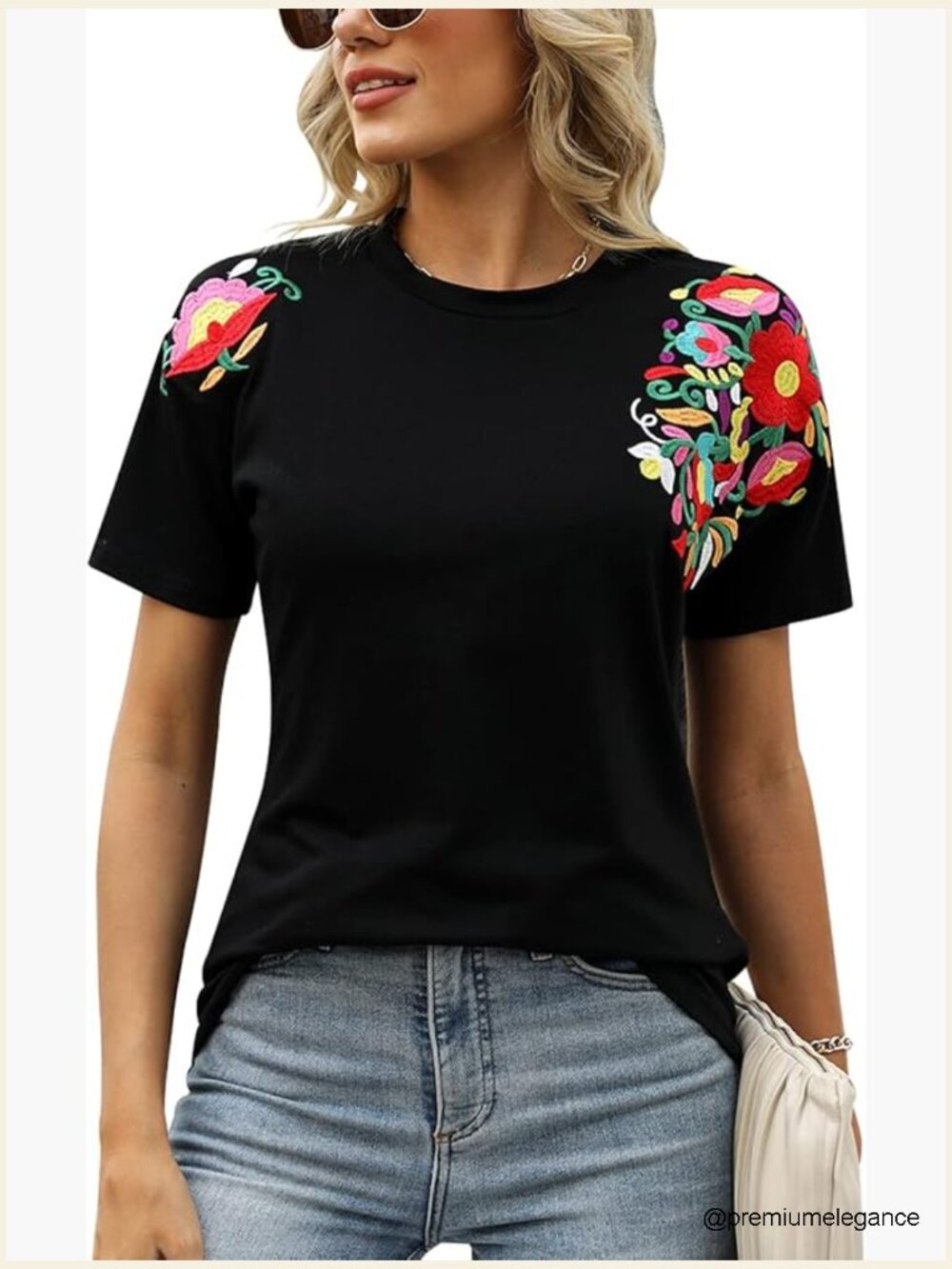 Mexican Embroidered Tunic Blouse Floral Short Sleeve Round Neck